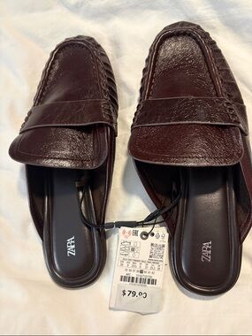 Zara Dark Brown Leather Penny Loafers Flats